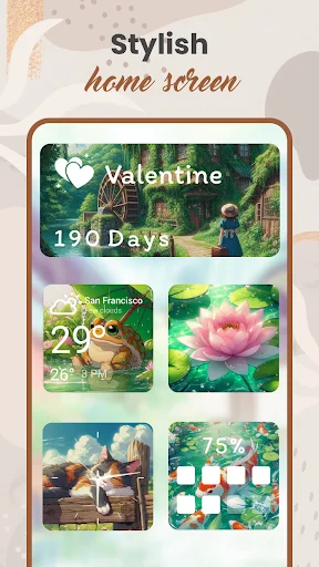 Aesthetic widgets on phone home screen: Valentine countdown 190 days, weather 20°C, flower photo, and calendar widget