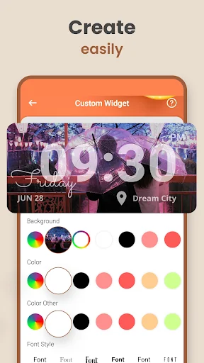 Custom widget creator: time 09:30 Friday June 28, Dream City location, background colors, and font style customization
