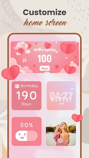 Customizable pink aesthetic widgets: 100-day countdown, birthday 190-day tracker, 50% discount display, and photo widget