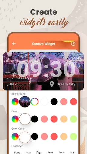 Custom widget creator showing time 09:30, date June 28, Dream City location, background colors, and font style options