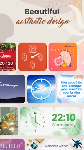 Gallery of beautiful aesthetic widgets for Android: clock, calendar, compass, Christmas, photo, and memory widgets