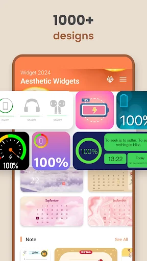Widget 2025 app interface displaying 1000+ aesthetic widget designs with customization categories and preview options