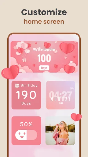 Customizable pink aesthetic widgets: 100-day countdown, birthday 190-day tracker, 50% discount display, and photo widget