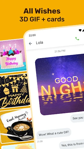All Wishes 3D GIF app messaging interface showing chat conversation with animated Good Night 3D gift card and GIF sharing functionality