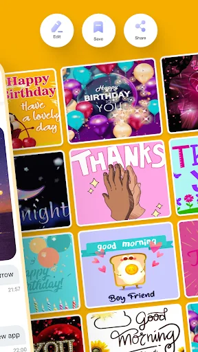 Grid layout of wish cards and GIF templates including Birthday, Thank You, Good Night, and Good Morning greeting cards with sharing options