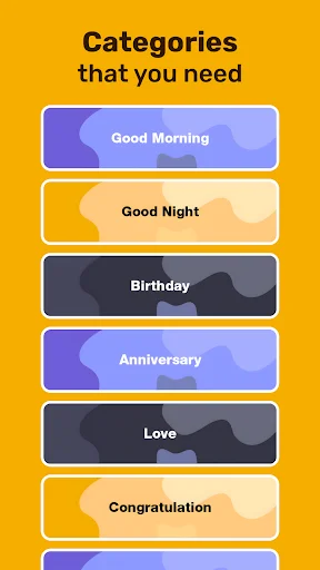 Categories menu displaying wish types: Good Morning, Good Night, Birthday, Anniversary, Love, and Congratulation cards on yellow background