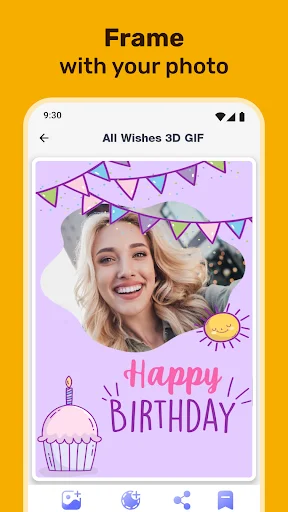 Photo frame editor showing user photo inserted into Happy Birthday frame with pink background, bunting decoration, and customization toolbar