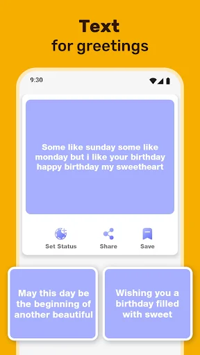 Text editor for greeting messages with sample birthday message, Set Status and Share buttons, and additional editable greeting text options below