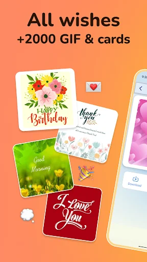 All Wishes GIF app main screen: 2000+ greeting cards for birthdays, love, good morning, afternoon, and night wishes