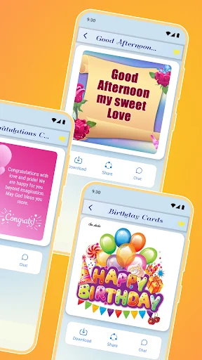 Greeting card viewer showing birthday and afternoon love cards with download and share functionality in the app