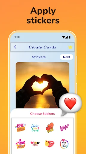 Stickers feature for greeting cards: apply decorative love and heart designs to personalize card creations