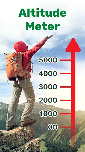 Altitude Meter app intro showing altitude scale from 0 to 5000 meters with mountaineer on peak background