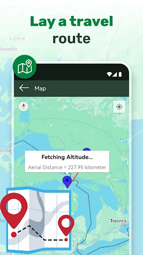 Travel route map screen showing altitude measurement points and aerial distance of 227.95 kilometers
