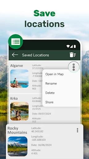 Saved locations screen displaying saved places with altitude measurements, dates, and location data