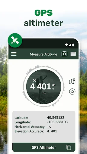 GPS altimeter screen displaying altitude reading 4401 meters with latitude, longitude, and accuracy measurements