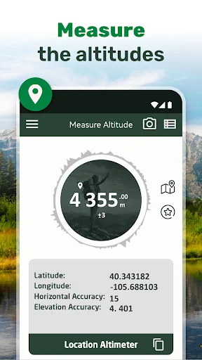 Location altimeter screen showing altitude 4355 meters with GPS coordinates and location accuracy data