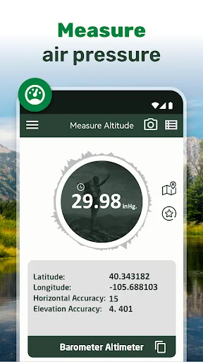Barometer altimeter measuring air pressure 29.98 inHg with GPS location and coordinates displayed