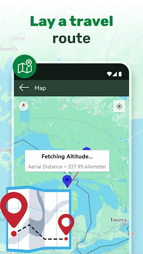 Travel route map screen showing altitude measurement points and aerial distance of 227.95 kilometers