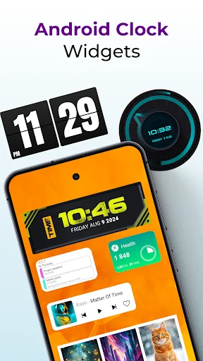 Android Clock Widgets app showcase with flip, digital, and circular clock widgets displaying time and weather on personalized home screen