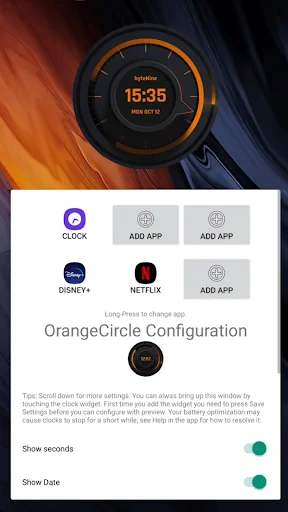 Orange circle clock widget with app launcher configuration panel showing app shortcuts and widget customization options