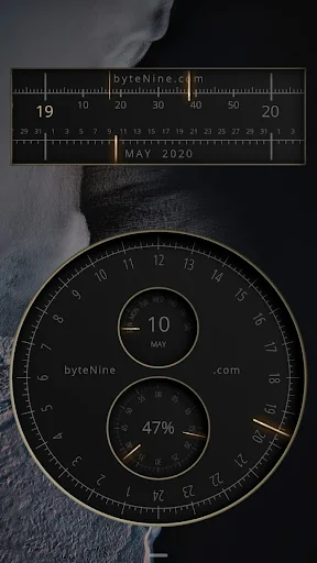 Dual analog clock widgets with ruler scale design showing date and time, plus circular percentage display meter