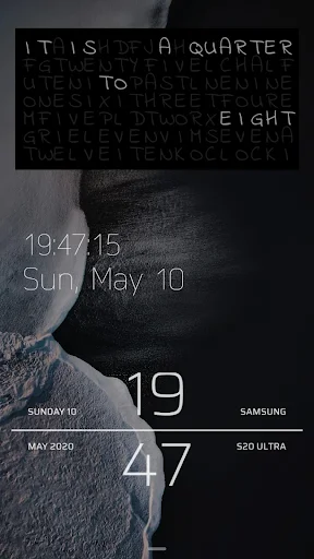Word-based digital clock widget showing time in written text format alongside numerical time, date, and device information