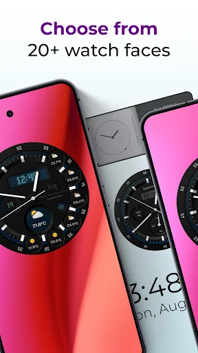 Choose from 20+ analog clock watch face designs in multiple colors including red, gray, and pink gradient widget styles