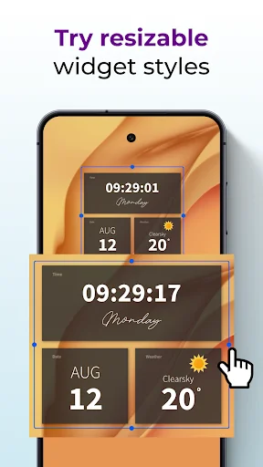 Resizable clock widgets stacked on phone showing multiple time display formats with seconds, date, and weather information