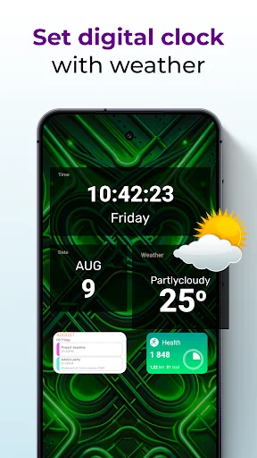 Digital clock widget with weather display showing current temperature, forecast icon, and date on customizable home screen