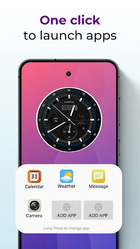 Analog clock widget with app launcher panel showing one-click access to Calendar, Weather, Message, and Camera apps