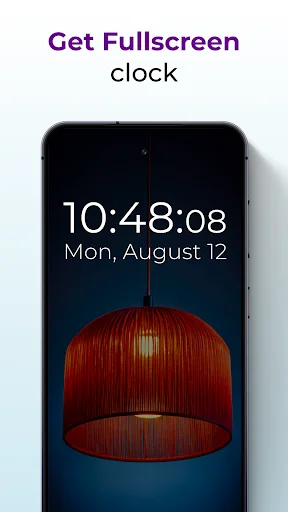 Fullscreen clock display showing large digital time format with full-screen date and day information on lock screen