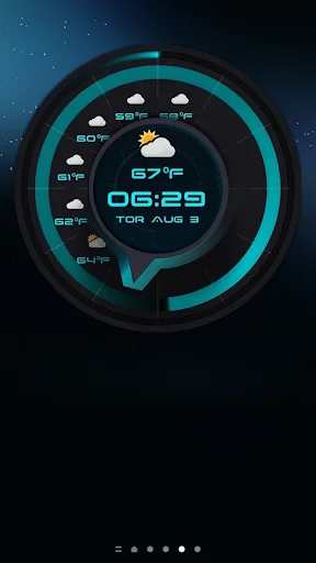 Circular turquoise analog clock widget with concentric rings displaying time, weather, and temperature on starry background