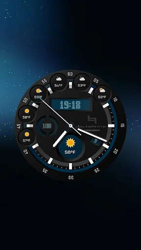 Multi-ring analog clock widget showing time with weather icons and temperature readings in complex circular design