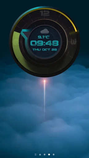 Circular clock widget with golden accents showing time and weather with rocket rocket effect on cloudy sky background