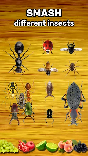Ant Smasher 2D arcade game showing various insects and bugs to smash with fruit collection items displayed