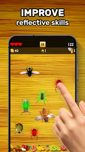 Ant Smasher 2D gameplay showing finger tapping insects to improve reflexes with health hearts and score display
