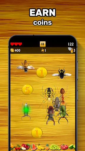 Ant Smasher 2D arcade gameplay with yellow coins appearing among insects on wooden surface, displaying score UI