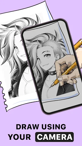 AR Drawing app camera projection of anime character with pencil sketch on paper beside device