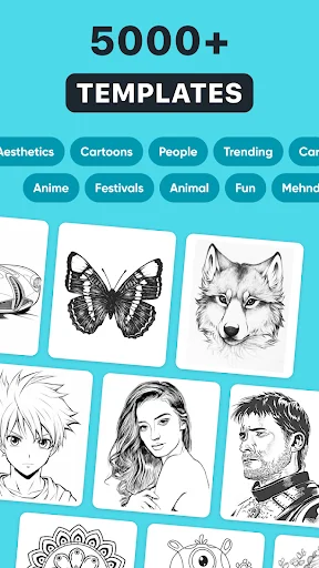 5000+ drawing templates with category filters for cartoons, people, anime, animals, aesthetics