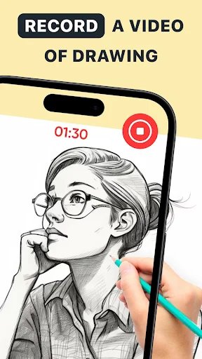 Video recording feature captures drawing in progress with timer display on phone screen