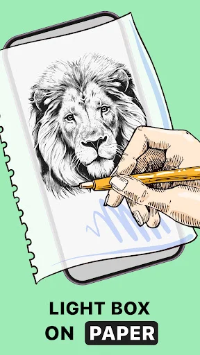 Light box feature: phone projects lion portrait image onto notebook for pencil tracing
