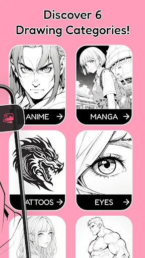 ARDraw app displays six drawing categories including Anime, Manga, Tattoos, Eyes and character drawings with navigation arrows on pink interface