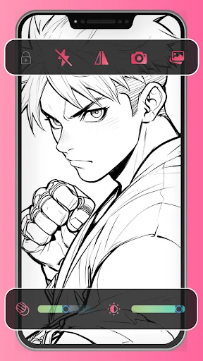 ARDraw sketch editor displays male anime character with adjustment controls and icon toolbar for editing anime drawings on mobile screen