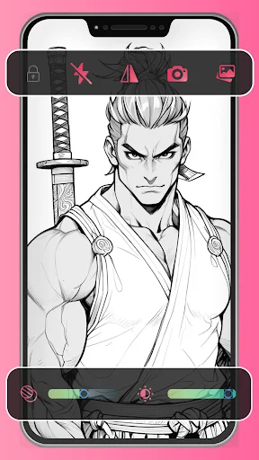ARDraw anime trace app shows male character with sword in sketch mode with editing toolbar and green control sliders for drawing adjustments