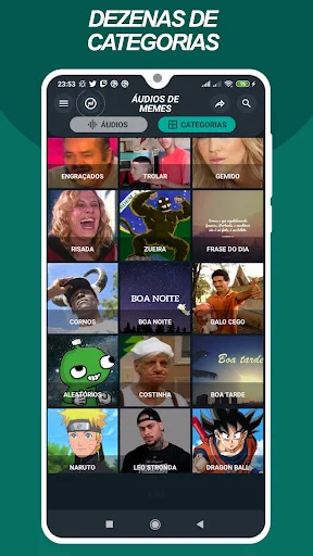 Meme Soundboard category grid displaying dozens of meme themes with thumbnail images and category labels