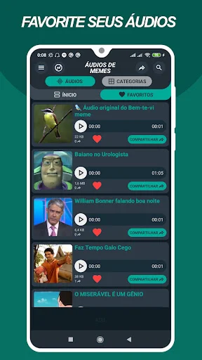 Meme Soundboard favorites tab showing bookmarked meme audios with filled hearts, play controls, and share options