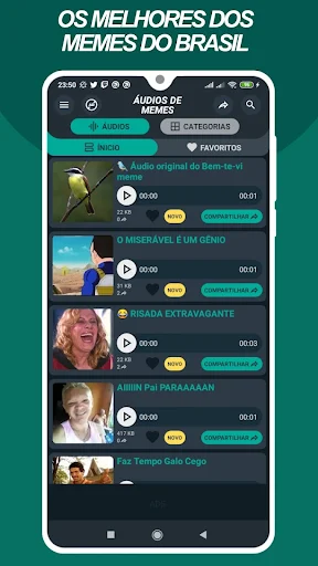 Meme Soundboard app showing top Brazilian meme sounds with play buttons, duration times, heart favorites, share buttons