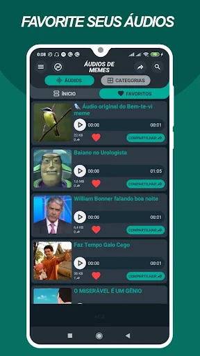 Meme Soundboard favorites tab showing bookmarked meme audios with filled hearts, play controls, and share options