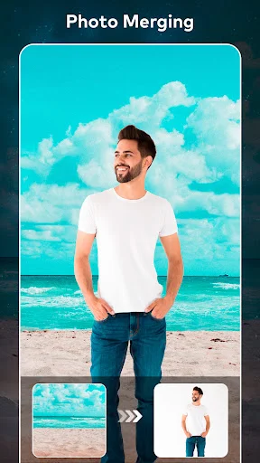 Photo merging feature showing portrait subject against beach background with before and after preview images