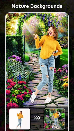 Nature backgrounds editor with woman portrait against garden pathway surrounded by pink flowers and greenery